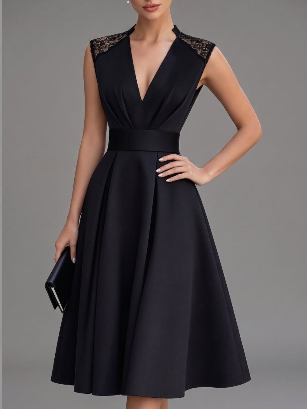 Elegant Black Lace Shoulder A-Line Midi Dress | Plunging V-Neck Cocktail Dress